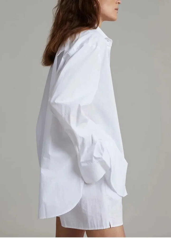 Cotton Poplin Two-Piece Set with Oversized Button-Down Shirt and Matching Shorts in Brown