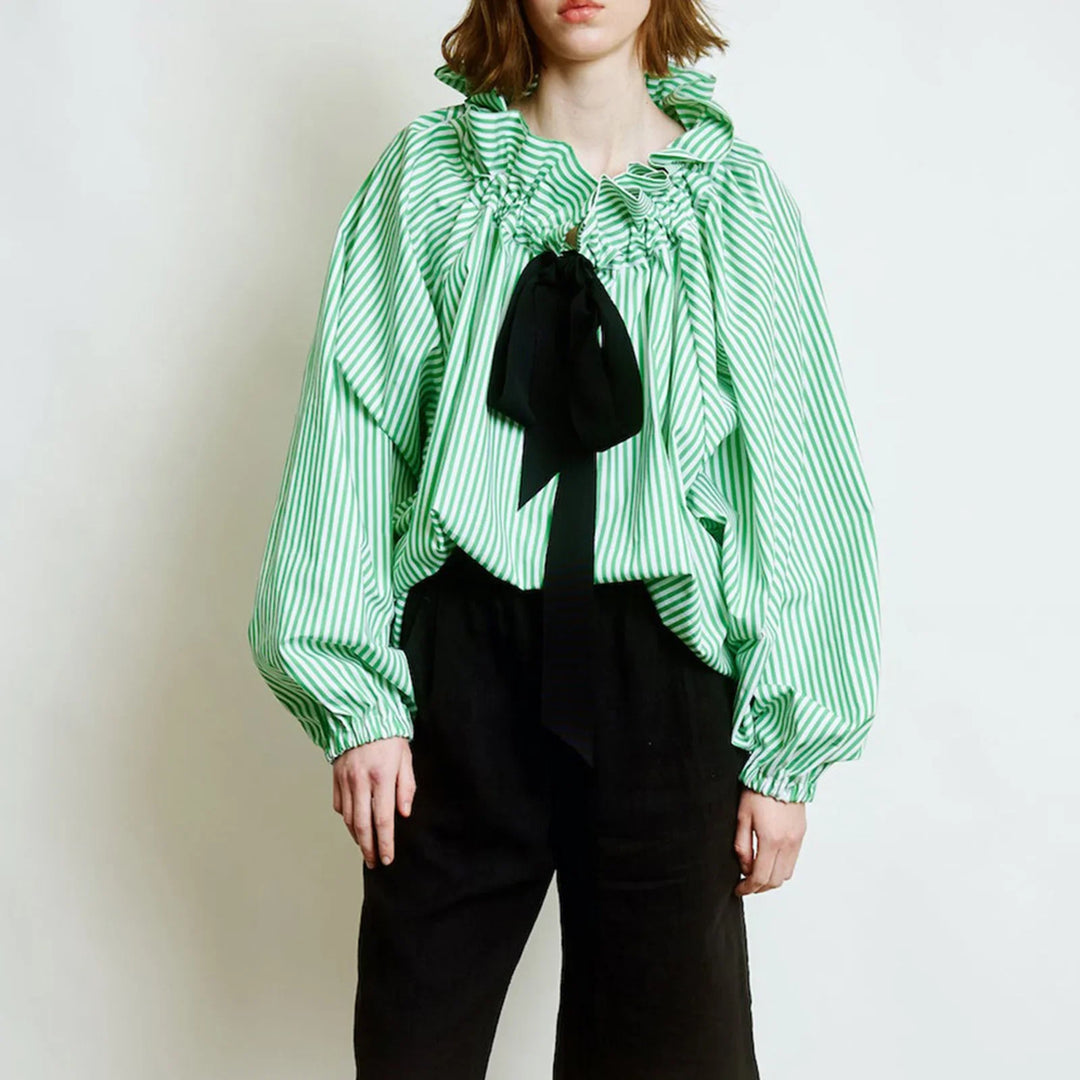 Ruffled Collar Blouse with Oversized Bow Tie and Lantern Sleeves, Checkered Print
