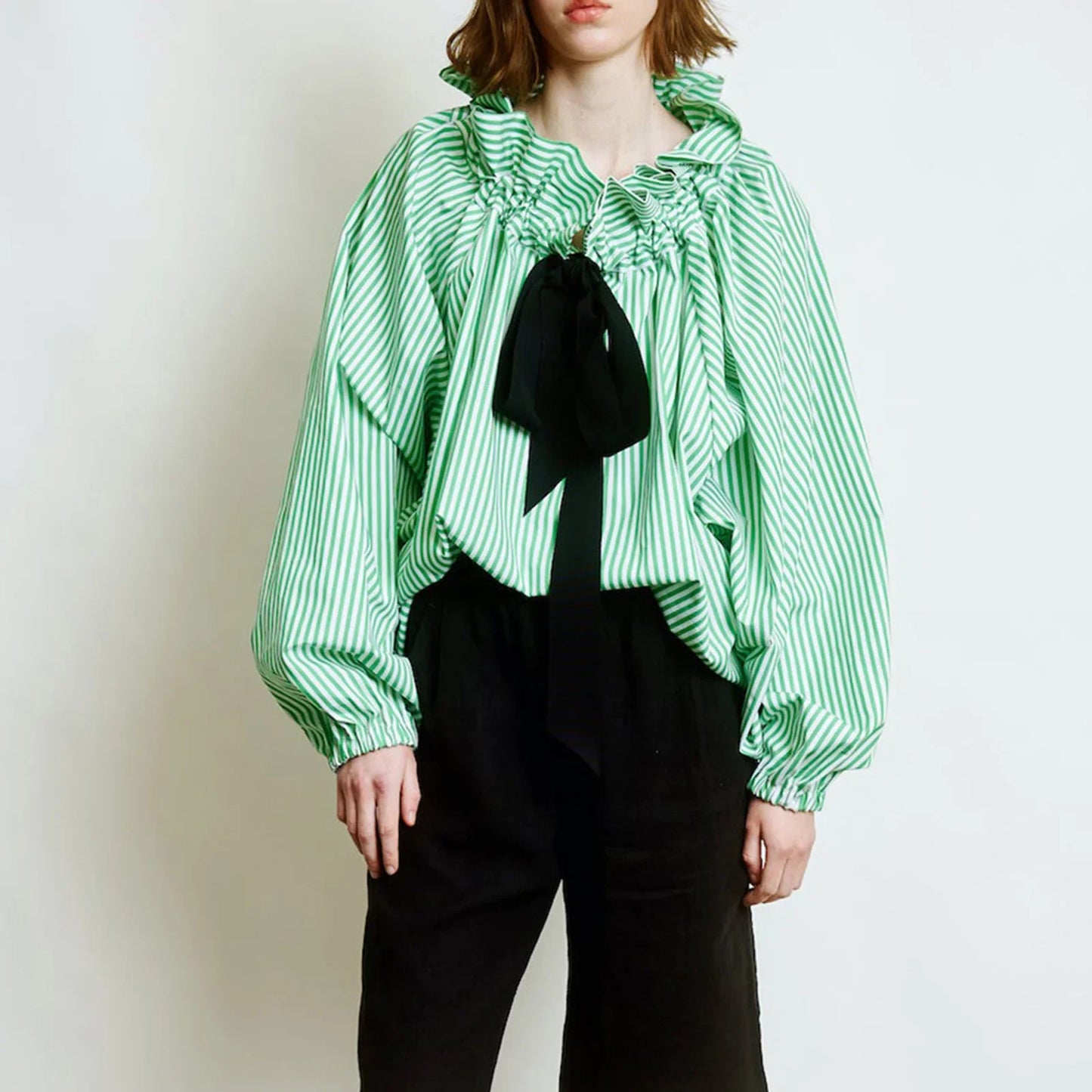 Ruffled Collar Blouse with Oversized Bow Tie and Lantern Sleeves, Checkered Print