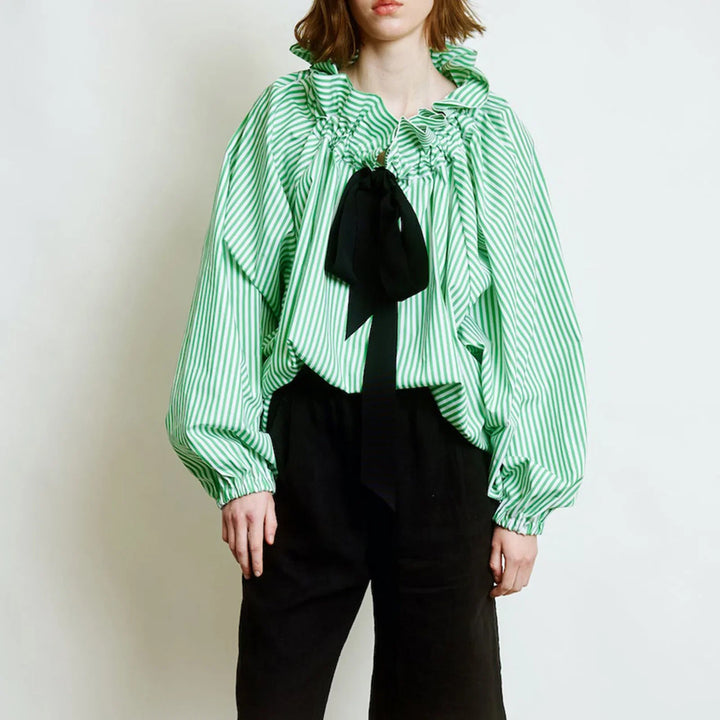Ruffled Collar Blouse with Oversized Bow Tie and Lantern Sleeves, Checkered Print
