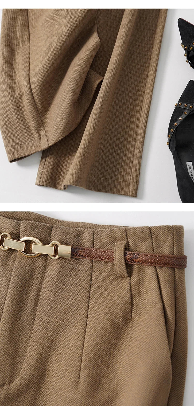 Wide Leg Wool Blend Trousers with High-Waist Fit, Tailored Crease, and Matching Belt