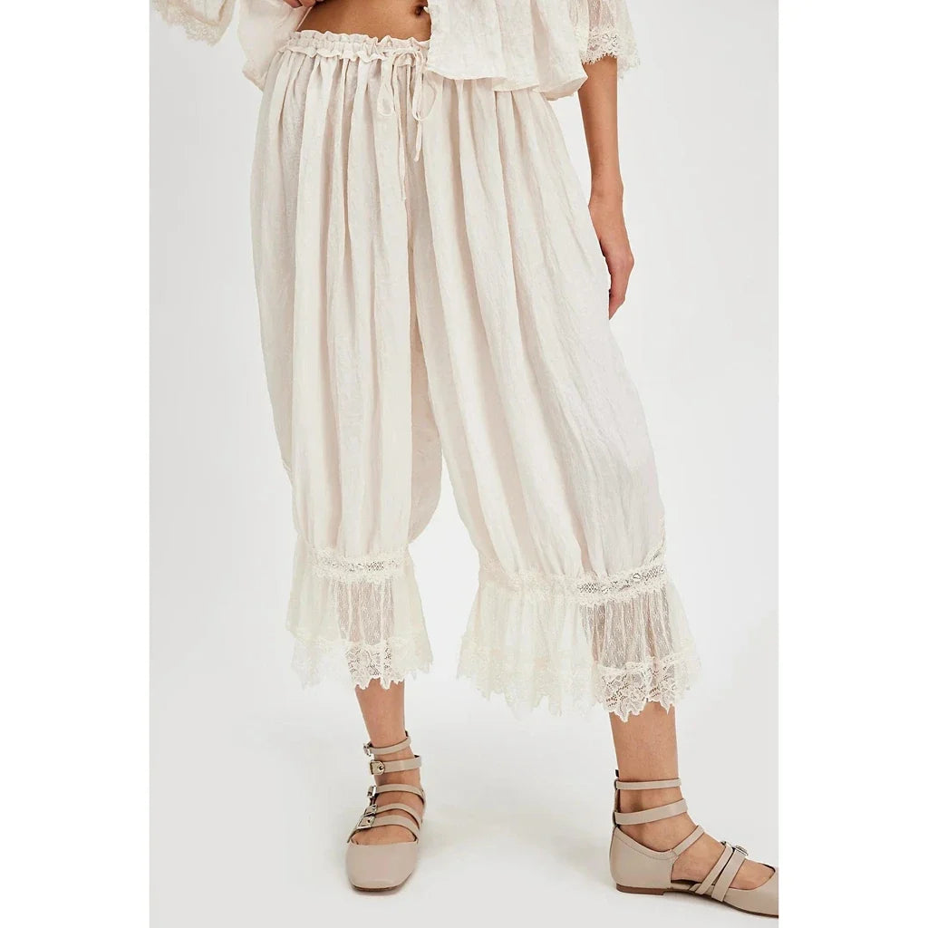 Lantern Pants with Ruffled Lace Cuffs and High-Rise Stretch Waistband in Cotton Blend