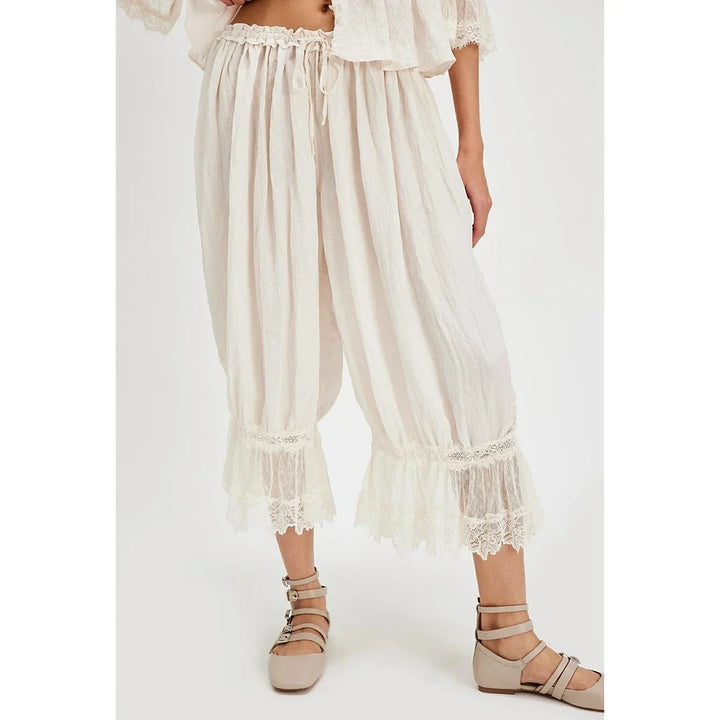 Lantern Pants with Ruffled Lace Cuffs and High-Rise Stretch Waistband in Cotton Blend