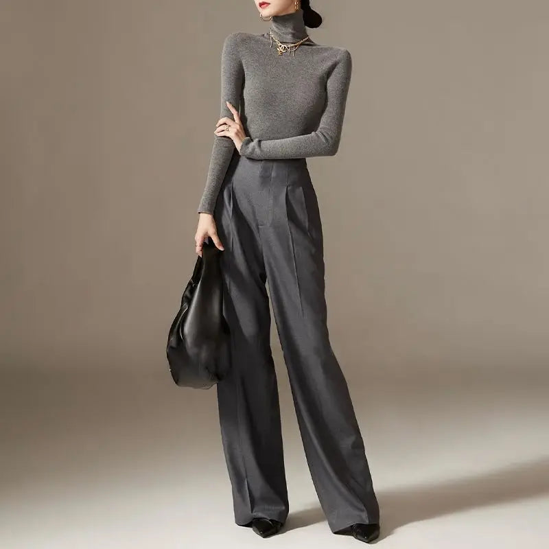 Wide Leg Draped Pants in Soft 100% Cotton with High-Waisted Elastic Fit and Tailored Silhouette
