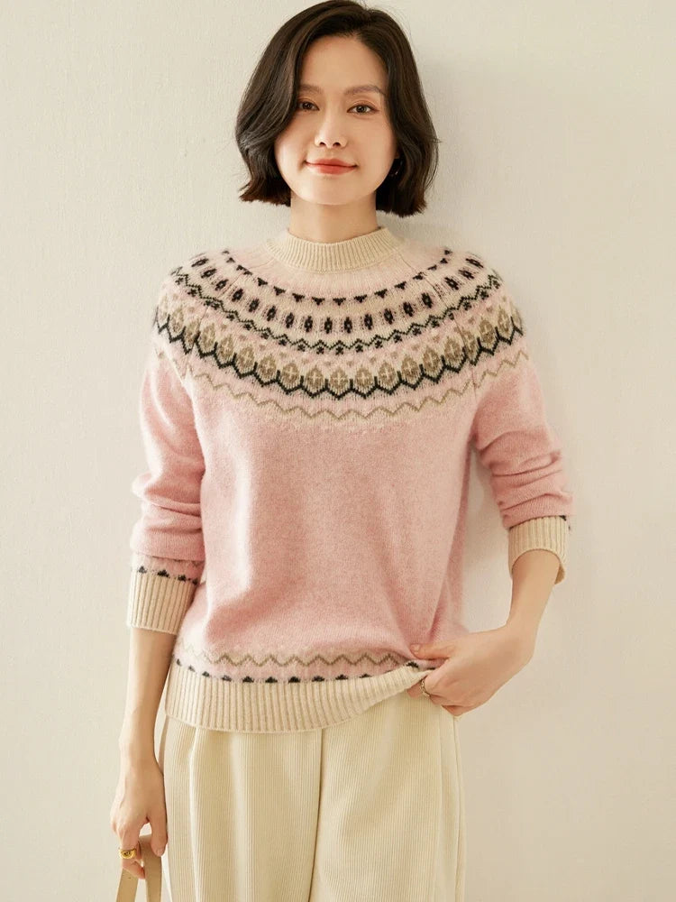 Fair Isle Jacquard Mock Neck Sweater in Cashmere-Soft Knit, Camel Colorway