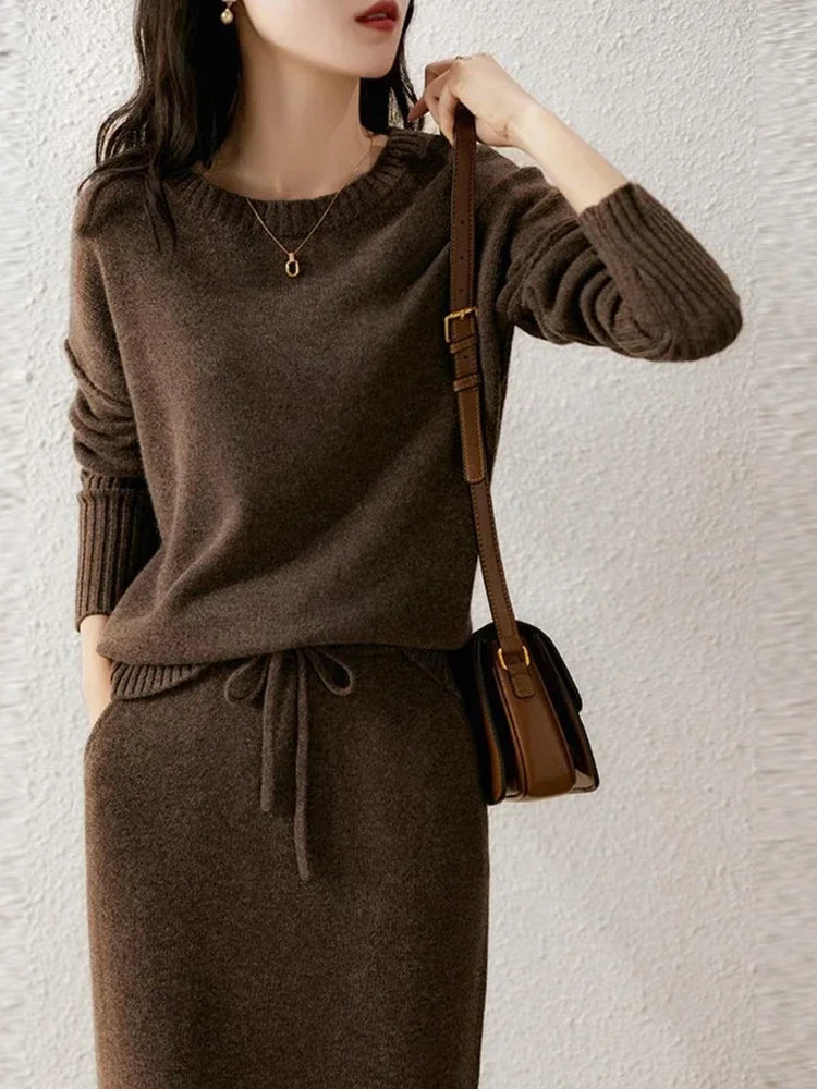 Knit Sweater and Skirt Two-Piece Set with Relaxed Pullover Fit and Ribbed Texture in Khaki