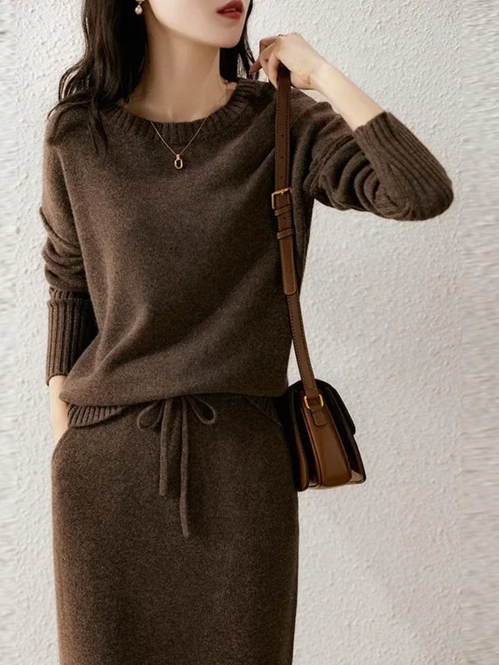 Knit Sweater and Skirt Two-Piece Set with Relaxed Pullover Fit and Ribbed Texture in Khaki