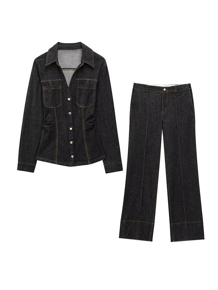 Denim Two-Piece Set with Tailored Button Jacket, Wide-Leg Pants, and Gold Hardware