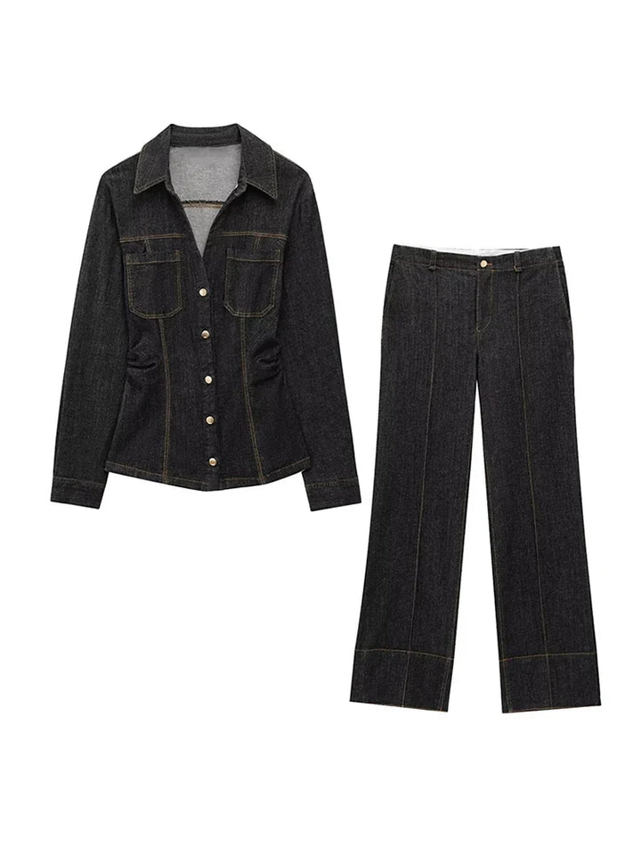 Denim Two-Piece Set with Tailored Button Jacket, Wide-Leg Pants, and Gold Hardware