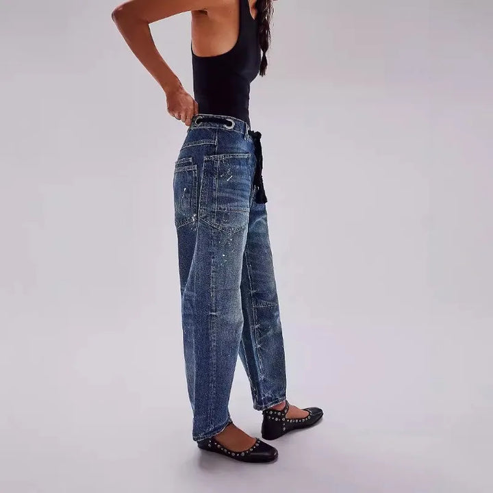 Utility Jeans with Paint-Speckled Wash, Rope Drawcord Waist, and 100% Cotton Denim