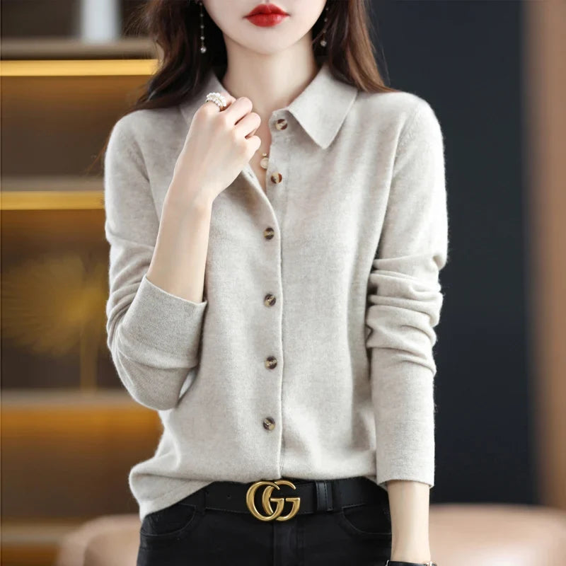 Polo Cardigan in Wool Blend with Structured Lapel and Button-Front Closure, Navy