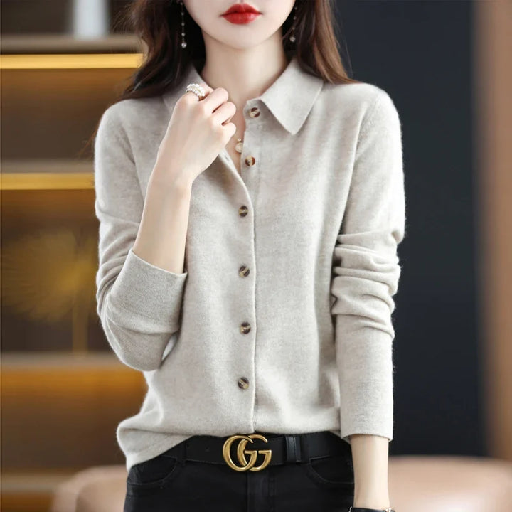 Polo Cardigan in Wool Blend with Structured Lapel and Button-Front Closure, Navy