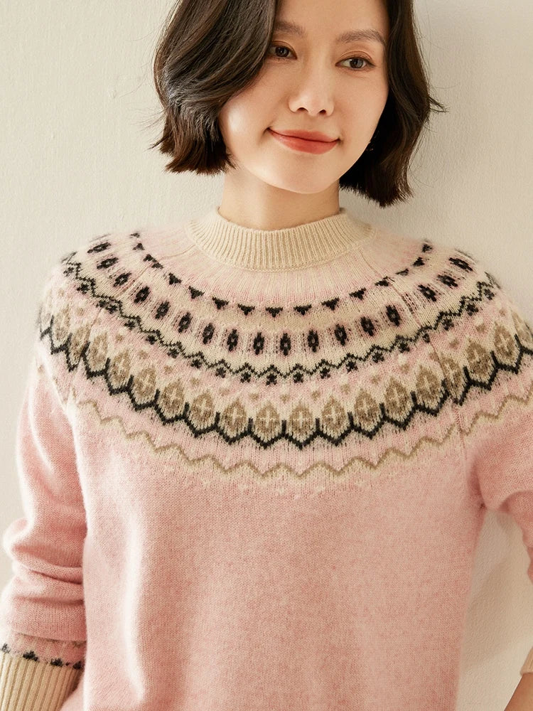 Fair Isle Jacquard Mock Neck Sweater in Cashmere-Soft Knit, Camel Colorway