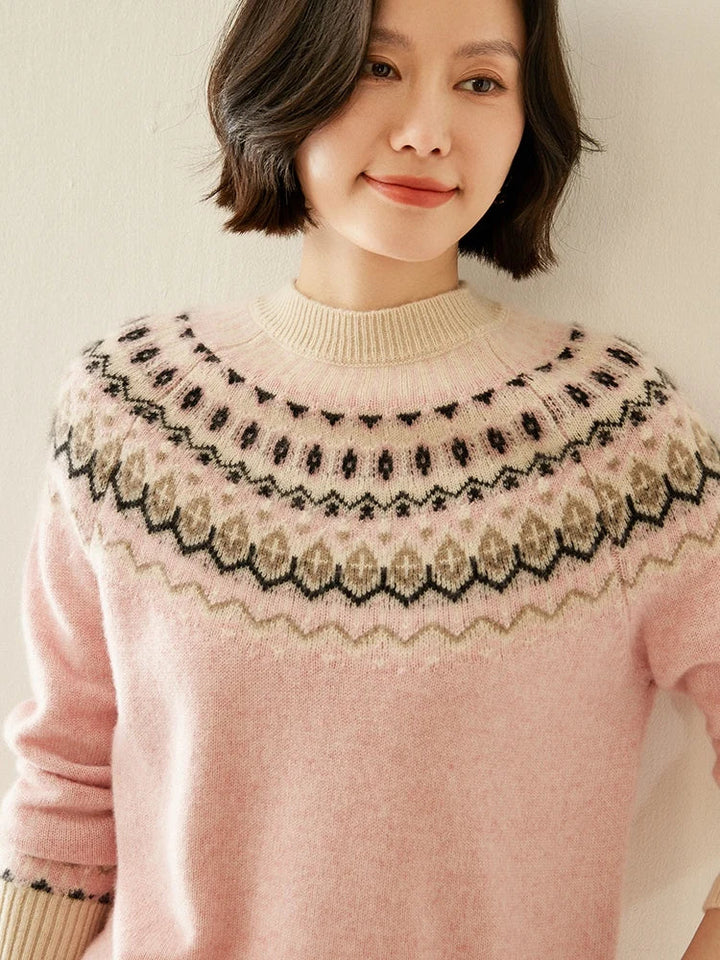 Fair Isle Jacquard Mock Neck Sweater in Cashmere-Soft Knit, Camel Colorway