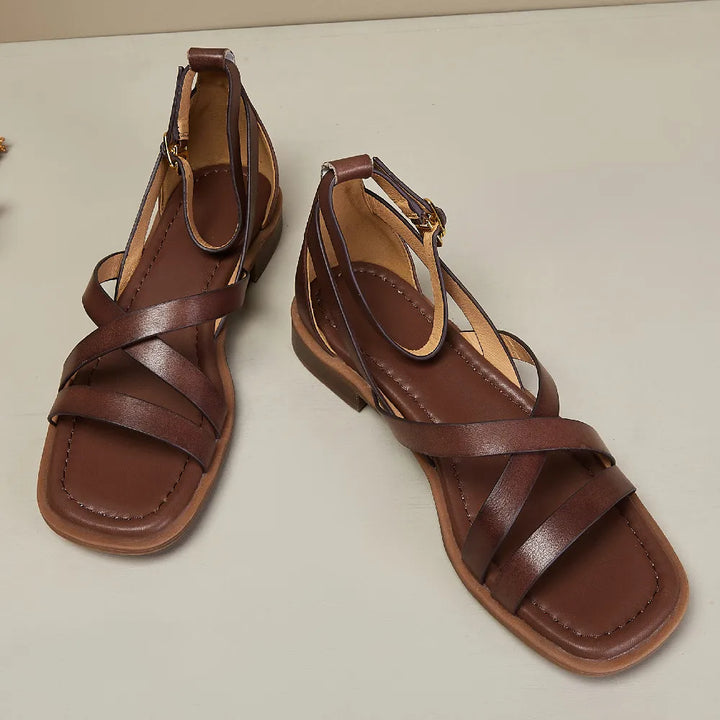 Leather Ankle-Strap Sandals with Cushioned Supportive Insoles and Secure Buckle Closure, Brown