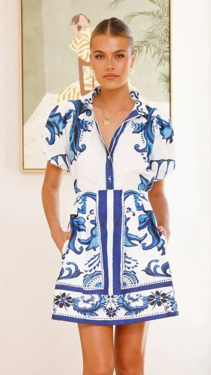 Floral Skirt Co-ord Set in Cotton-Linen Blend with Puff Sleeves and High-Contrast Trim