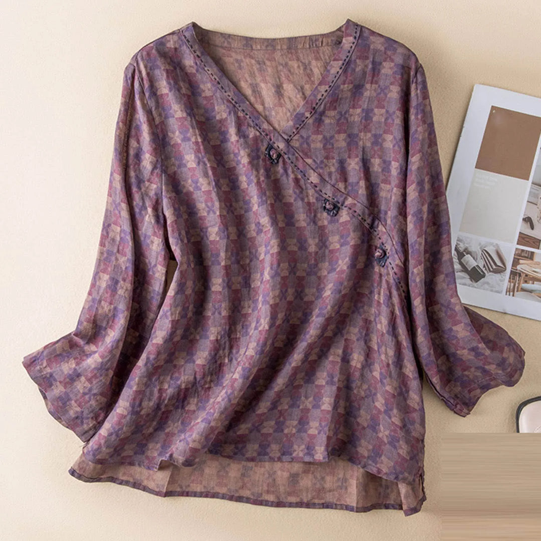 Crosswrap Linen Blend Blouse with Asymmetrical Wrap Design and Relaxed Long Sleeves in Blue
