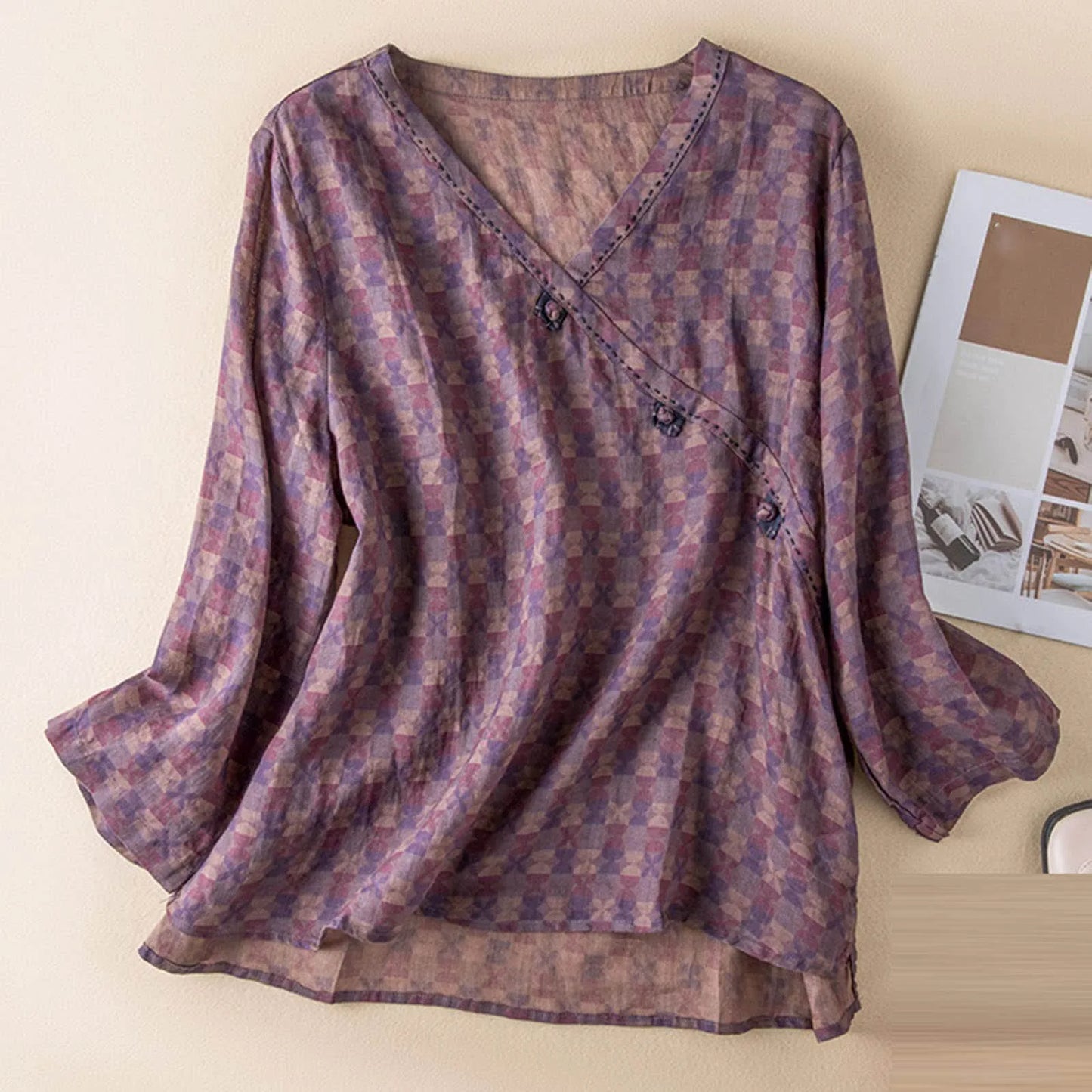 Crosswrap Linen Blend Blouse with Asymmetrical Wrap Design and Relaxed Long Sleeves in Blue