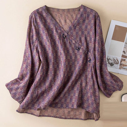 Crosswrap Linen Blend Blouse with Asymmetrical Wrap Design and Relaxed Long Sleeves in Blue