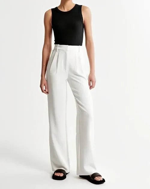 Wide-Leg Trousers with High-Waisted Tailored Fit, Cotton Blend Fabric, and Deep Pockets