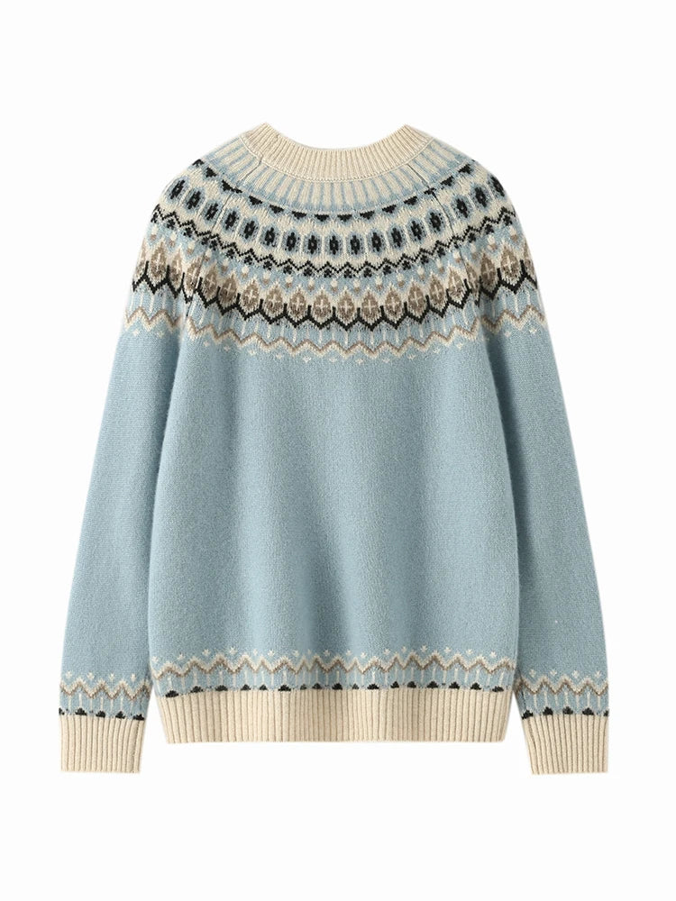 Fair Isle Jacquard Mock Neck Sweater in Cashmere-Soft Knit, Camel Colorway