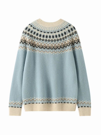 Fair Isle Jacquard Mock Neck Sweater in Soft 100% Cashmere, Camel Colorway