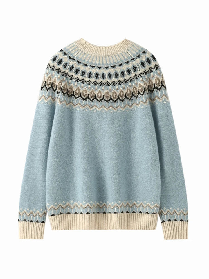 Fair Isle Jacquard Mock Neck Sweater in Cashmere-Soft Knit, Camel Colorway