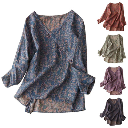 Crosswrap Linen Blend Blouse with Asymmetrical Wrap Design and Relaxed Long Sleeves in Blue