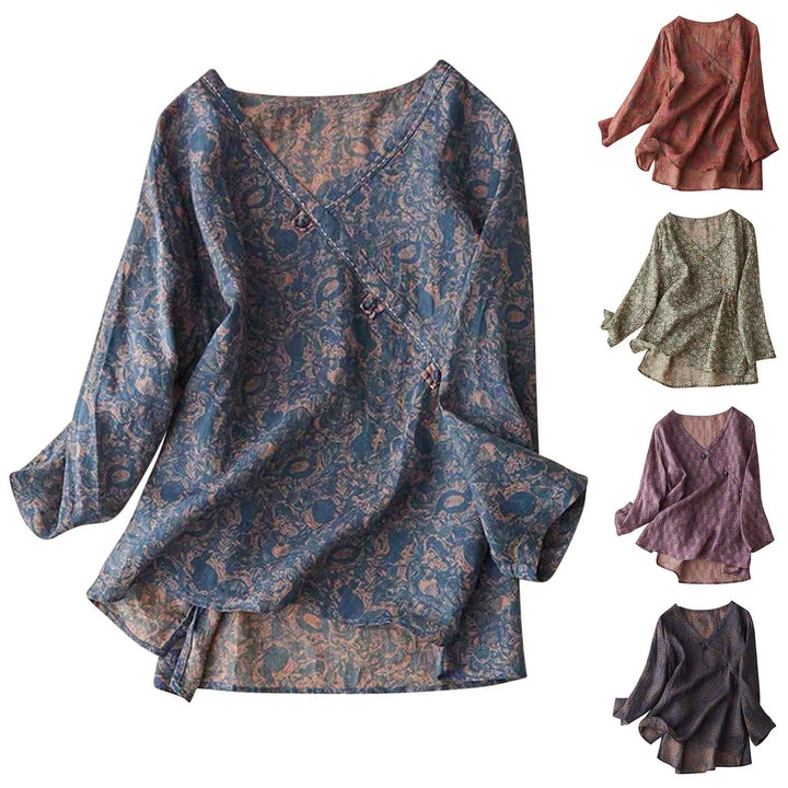Crosswrap Linen Blend Blouse with Asymmetrical Wrap Design and Relaxed Long Sleeves in Blue