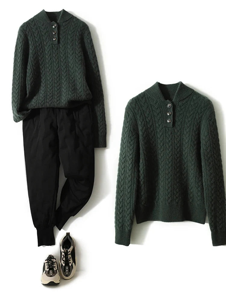 Cable-Knit Sweater with Cashmere Blend, Button-Up Stand Collar and Snug Fit
