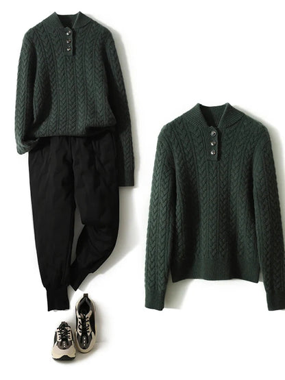 Cable-Knit Sweater with Cashmere Blend, Button-Up Stand Collar and Snug Fit