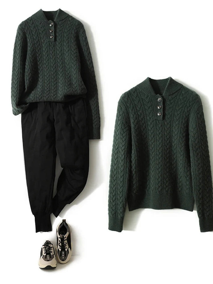 Cable-Knit Sweater with Cashmere Blend, Button-Up Stand Collar and Snug Fit