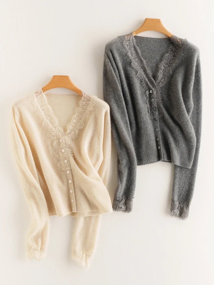 Cashmere Cardigan with Lace-Trim Detail and Relaxed Knit Fit in Khaki