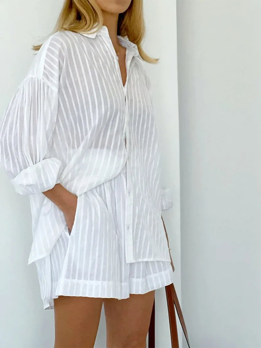 Button-Down Shirt and Shorts Set with Relaxed Oversized Fit in Lightweight Cotton-Blend Fabric