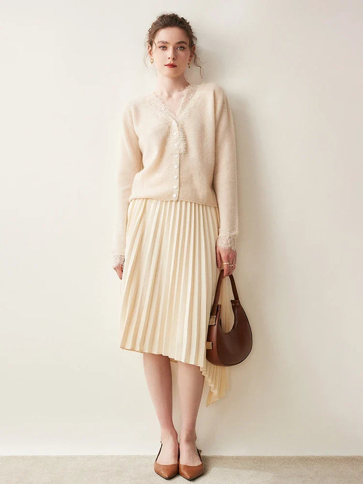 Cashmere Cardigan with Lace-Trim Detail and Relaxed Knit Fit in Khaki