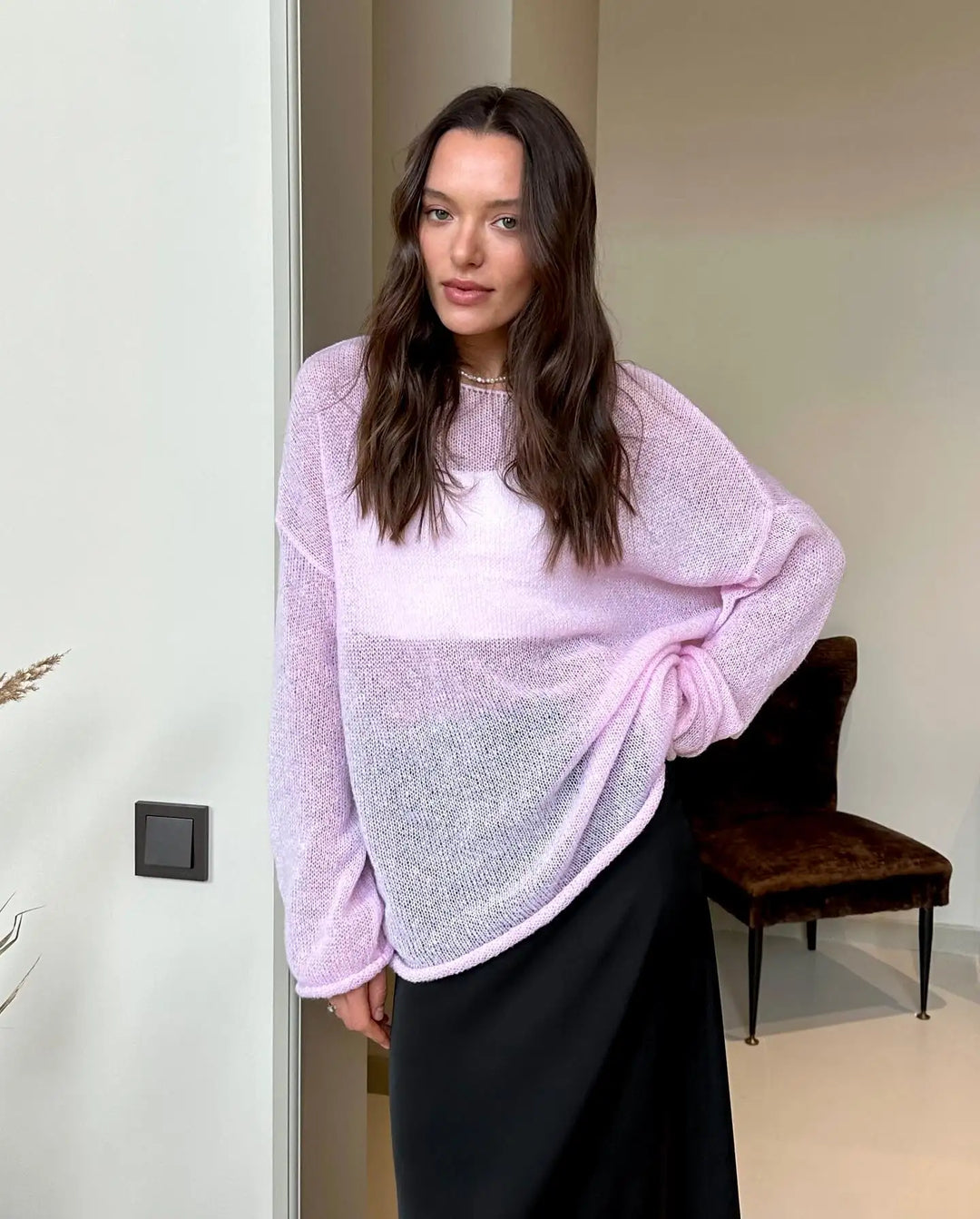 Boatneck Sweater in Merino Wool Blend with Relaxed Fit and Long Sleeves
