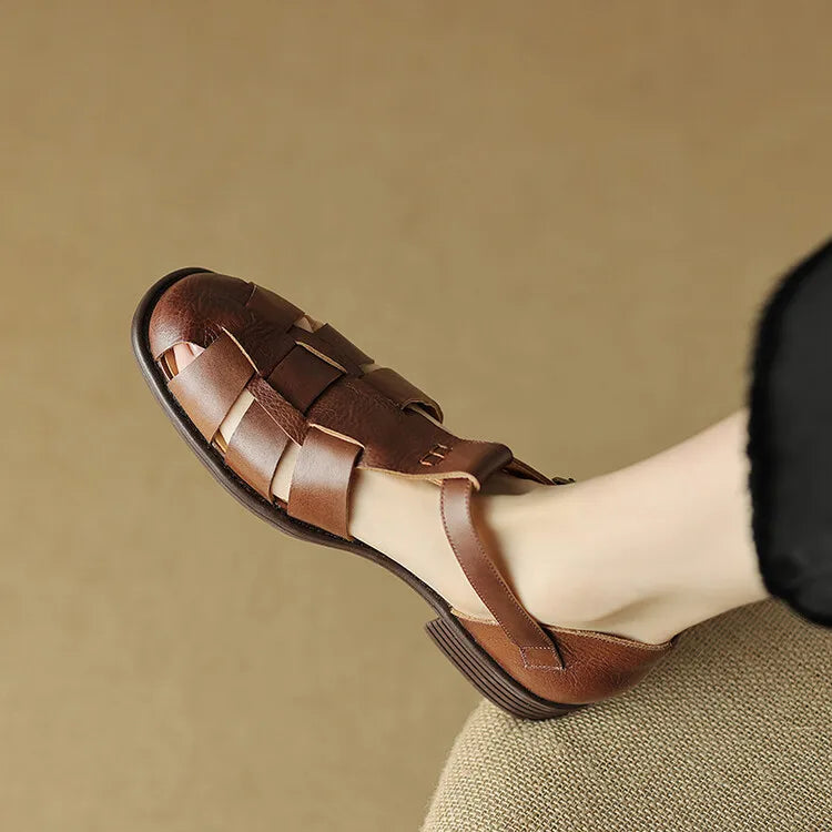 Handwoven Leather Sandals with Adjustable T-Strap Buckle and Low Stacked Heel