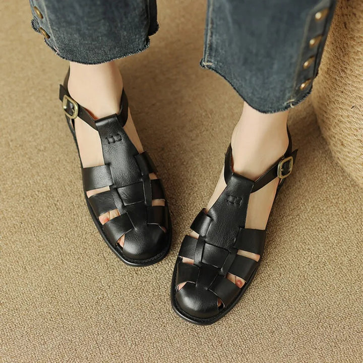 Handwoven Leather Sandals with Adjustable T-Strap Buckle and Low Stacked Heel