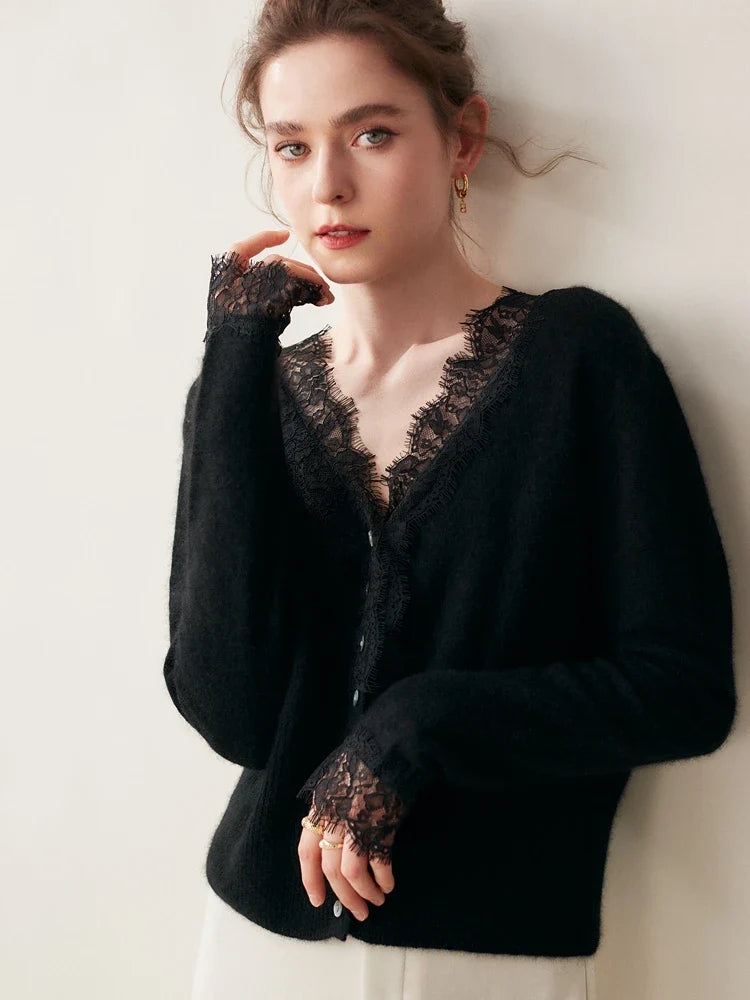 Cashmere Cardigan with Lace-Trim Detail and Relaxed Knit Fit in Khaki