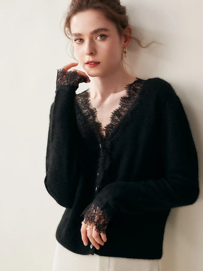 Cashmere Cardigan with Lace-Trim Detail and Relaxed Knit Fit in Khaki