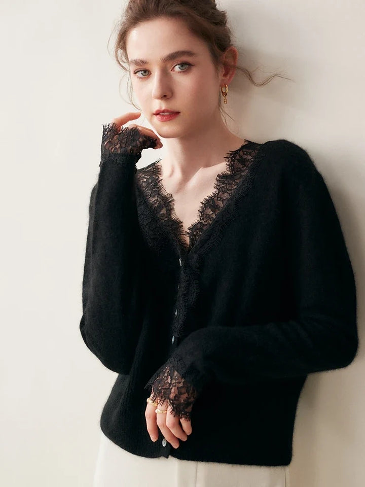 Cashmere Cardigan with Lace-Trim Detail and Relaxed Knit Fit in Khaki