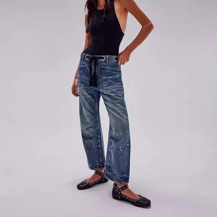 Utility Jeans with Paint-Speckled Wash, Rope Drawcord Waist, and 100% Cotton Denim