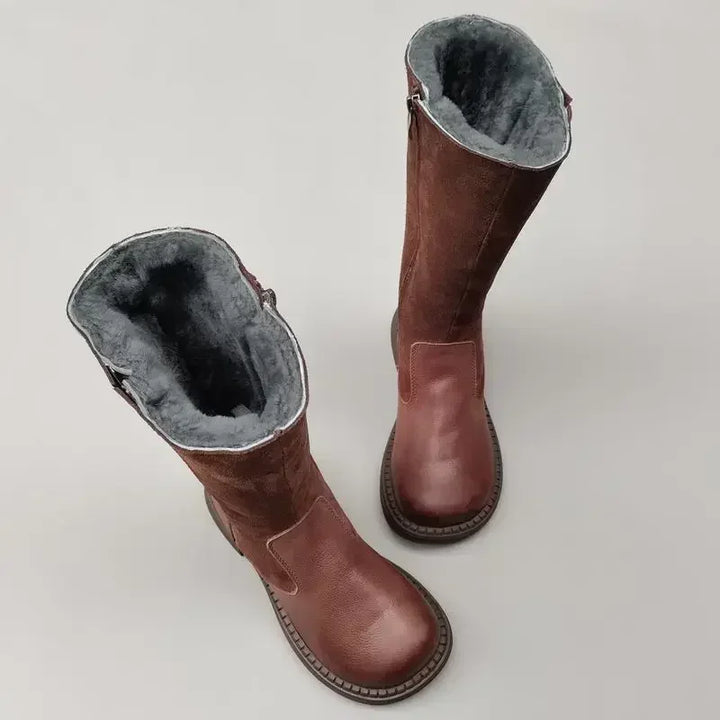 Shearling Riding Boots in Premium Leather-Look with Wool Lining and Side Zipper, Brown