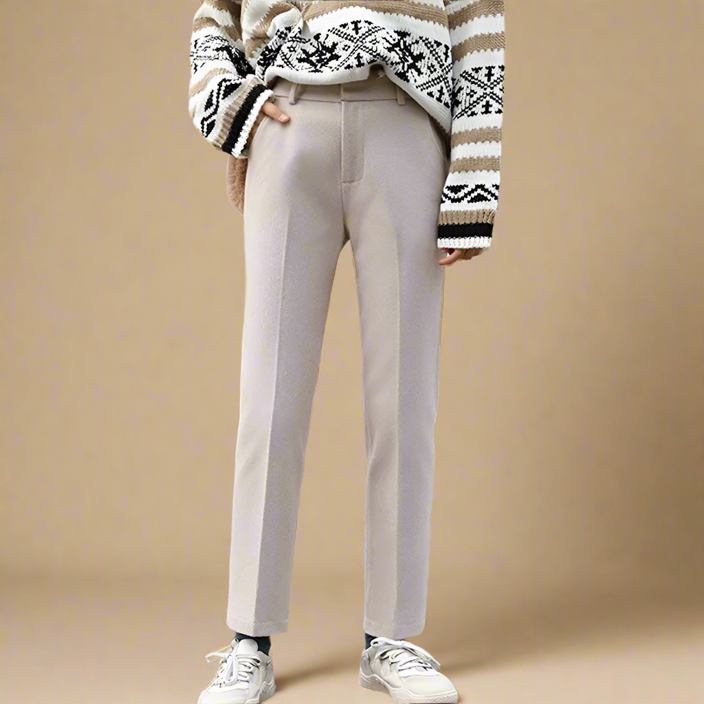 Trousers in Wool Blend, Straight-Leg High-Waist Fit, Non-Stretch, Camel