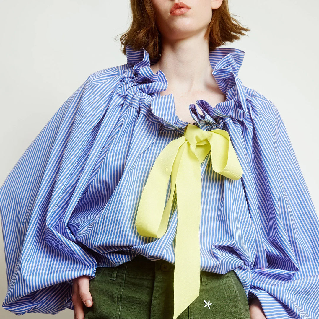 Ruffled Collar Blouse with Oversized Bow Tie and Lantern Sleeves, Checkered Print