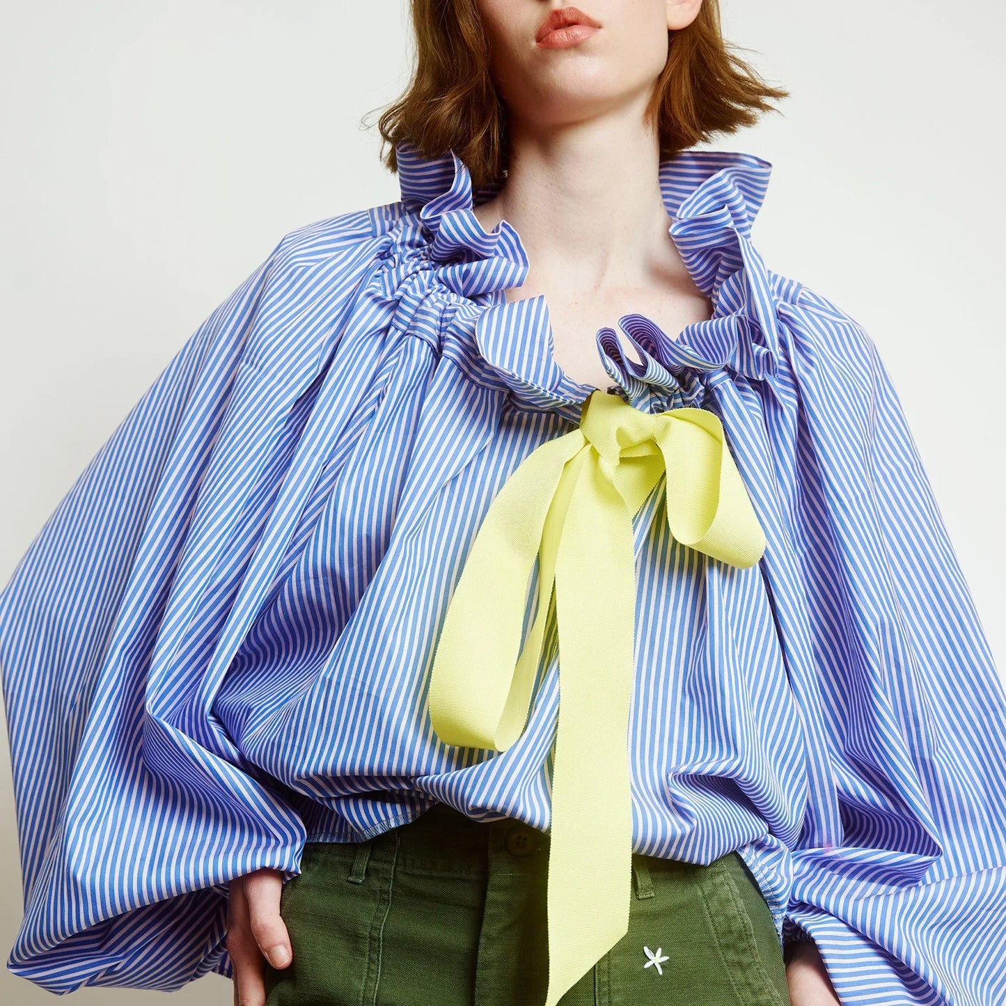 Ruffled Collar Blouse with Oversized Bow Tie and Lantern Sleeves, Checkered Print