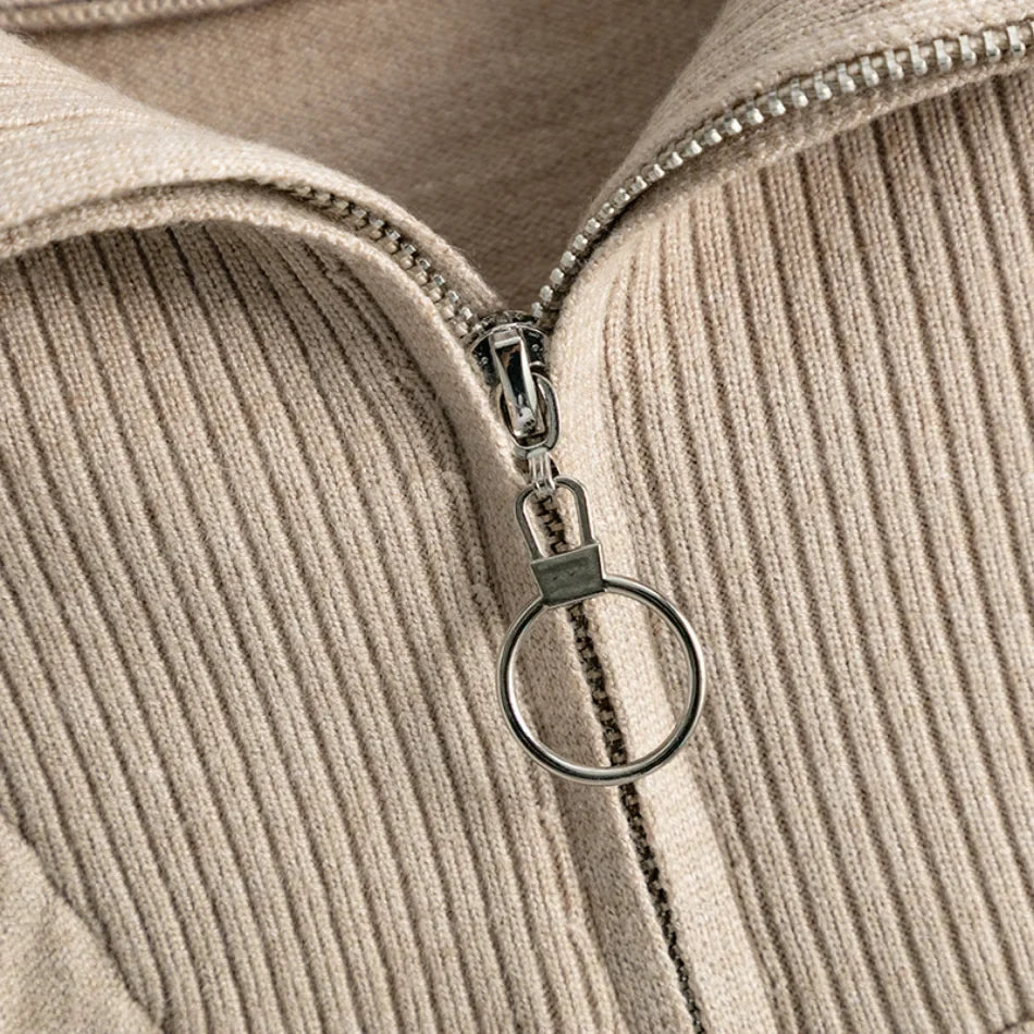 Half-Zip Knit Two-Piece Lounge Set with Elastic-Waist Pants and Soft Ribbed Texture in Peach