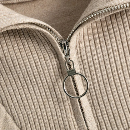 Half-Zip Knit Two-Piece Lounge Set with Elastic-Waist Pants and Soft Ribbed Texture in Peach