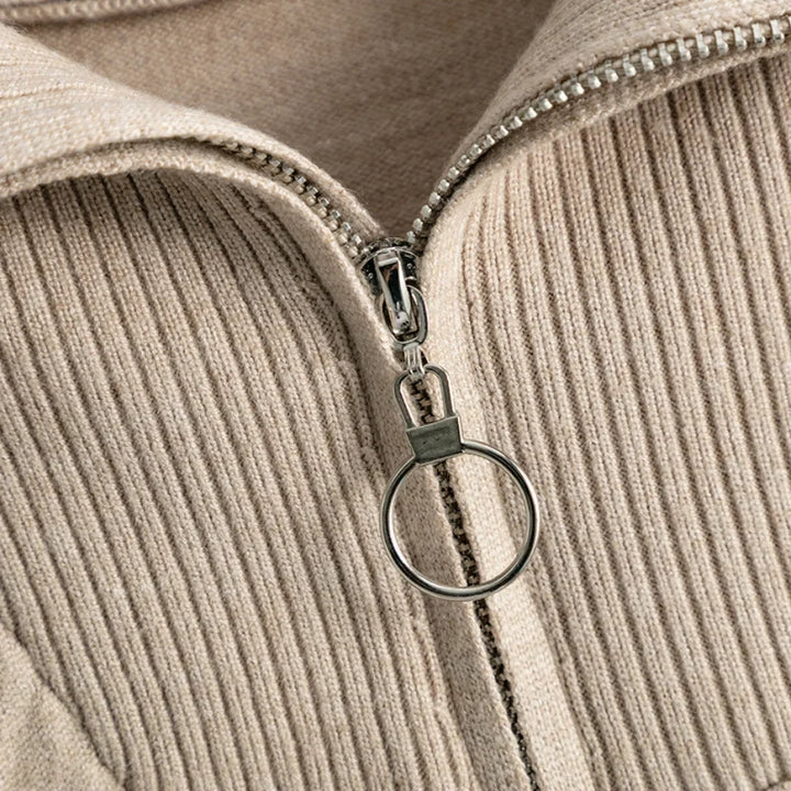 Half-Zip Knit Two-Piece Lounge Set with Elastic-Waist Pants and Soft Ribbed Texture in Peach
