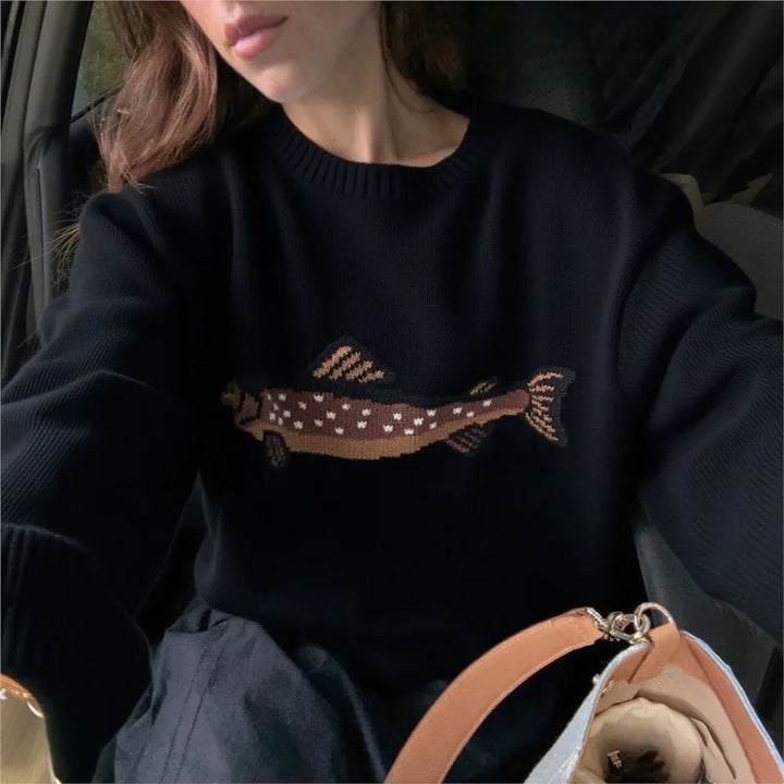 Half-Zip Wool-Blend Sweater with Intarsia Fish Motif, Ribbed Cuffs, and Relaxed Oversized Fit